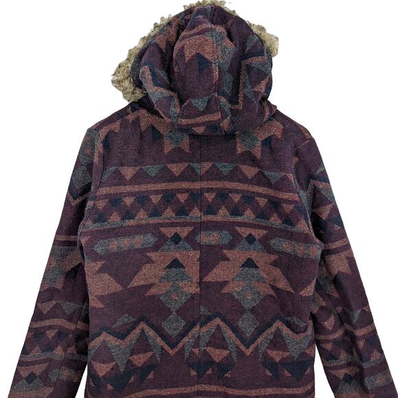 BB Dakota Aztec Fur Trim Coat Blanket Southwestern Dusty Parka Winter Jacket S - Picture 6 of 12